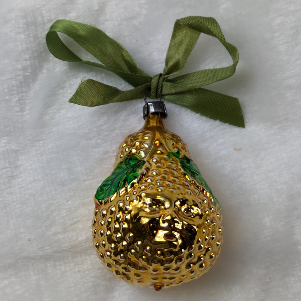 Pear Face Mercury Christmas Ornament Gold Textured Antique Germany Hand Blown